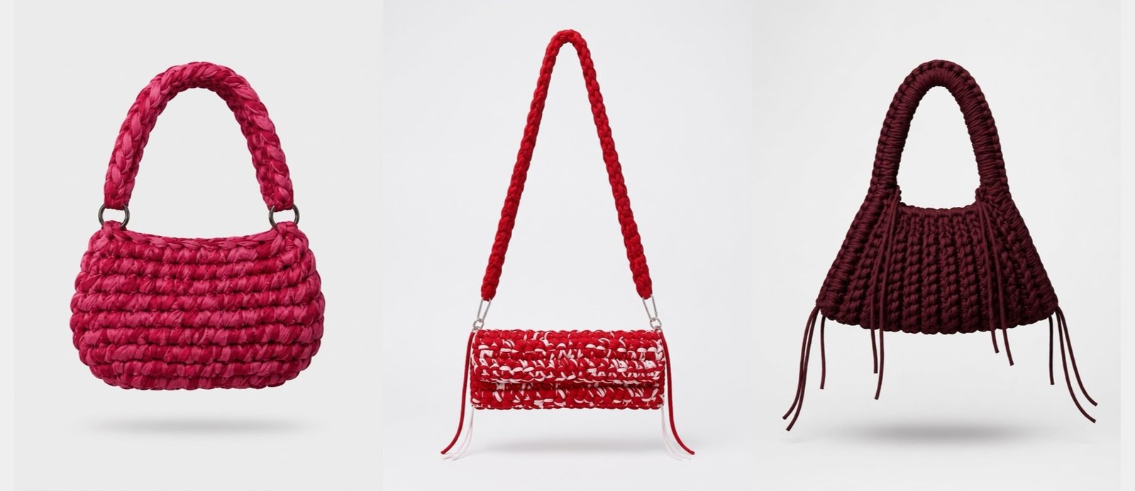 The Lover Bag, The Bellini Bag e The Cosmopolitan Bag em crochê